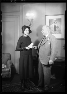 Governor Rolph and Salvation Army girl, Southern California, 1930