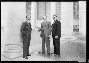 Group of men, city hall steps, all city employees magazine, Los Angeles, CA, 1931