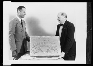 Retouched photograph of men with cake, Southern California, 1931