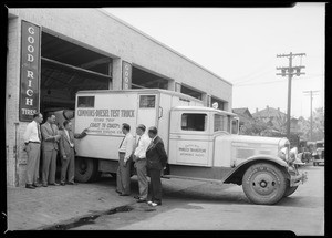 Arrival of diesel cross country truck, Southern California, 1931