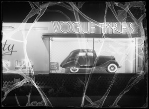 Vogue Tyre board with Studebaker Land Cruiser, Southern California, 1935
