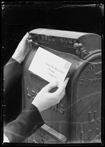 Girl mailing letter, Southern California, 1940