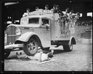 Eastside truck running over Galen Gough at Wrigley Field, Los Angeles, CA, 1935