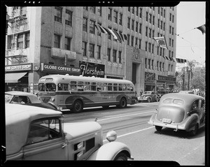 Buses on Olympic Boulevard, Wilshire Boulevard, and Hill Street, Los Angeles, CA, 1940