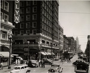 Downtown Los Angeles at the corner of Fifth Street and South Main Street