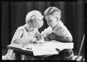 Little girl & boy (drawing with crayon), Southern California, 1931