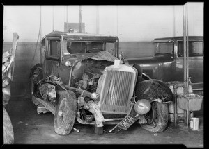 Wrecked cars, garage intersection at Melrose Avenue and North Highland Avenue, Los Angeles, CA, 1929