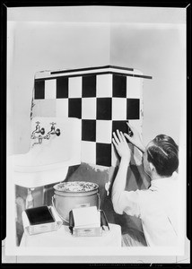 Copies of wash drawings, man placing tile, Southern California, 1931