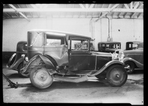 Intersection, Venice Boulevard and 4th Avenue, also wrecked car and truck, Southern California, 1935