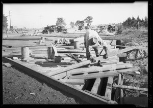 Road construction of bridge on Mesa Drive, Southern California, 1929