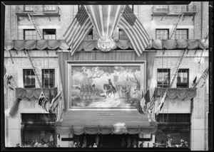 Banners and trimming for fiesta outside of store, J. W. Robinson Company, Southern California, 1931