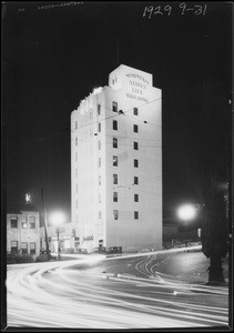 Mountain States Life building illuminated at night, Southern California, 1929