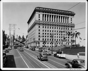 Looking north at the Hall of Justice between First Street and Temple Street