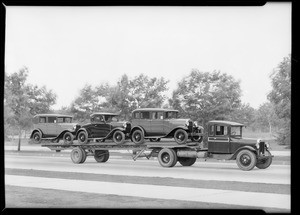 Trailers loaded with Fords, Southern California, 1930