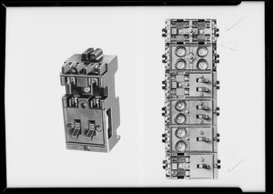 Pumping plant switchboard and metal clips, Southern California, 1931