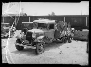 Wrecked Ford V8 truck, Our Own Dairies owner and assured, Southern California, 1936