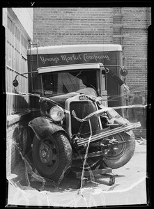 Young's Market truck to show damage, Southern California, 1936