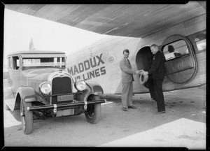 Warner (Australian flyer) at Maddux field on India tires, Southern California, 1928