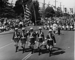 American Legion parade, Long Beach, flag bearers, drum corps