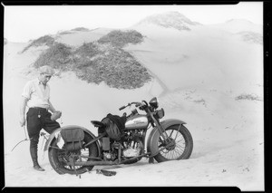 Motorcycle in sand, Southern California, 1933