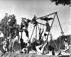 Young boys playing on the playground bars and rings