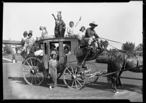 Stage coach & society women on lawn, Los Angeles, CA, 1928