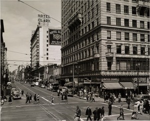 On the corner of South Hill Street at West Fifth Street in Downtown Los Angeles, facing the Hotel Clark