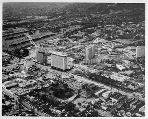 Aerial view facing north over Westwood at Wilshire Boulevard and Westwood Boulevard