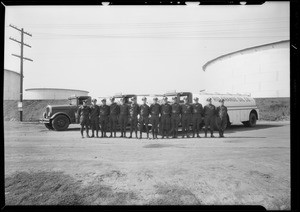 Drivers and new white trucks, Southern California, 1931