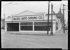 Brake testing room & exterior of building, 1058 South Flower Street, Los Angeles, CA, 1930