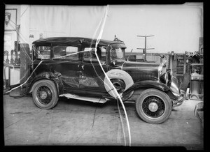 Wrecked Dodge sedan, owned by Mr. Kilban, Southern California, 1936