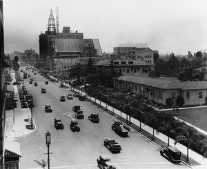 On Wilshire Boulevard facing east from Kenmore Avenue across the street from the Ambassador Hotel