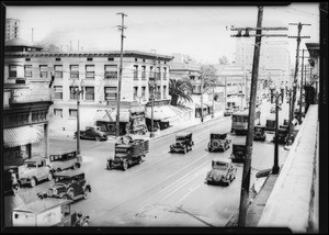 Building at West 7th Street and Valencia Street, also traffic, Los Angeles, CA, 1929