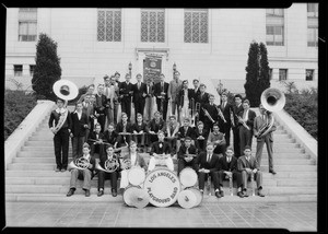 Boys band on City Hall steps, Los Angeles, CA, 1930