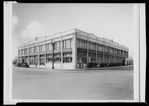 Retouched photo, exterior of building and interior of factory, Venice Boulevard and South Hope Street, Los Angeles, CA, 1932