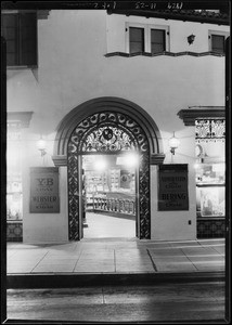 Night shots on drug store door, Green Lantern Soda Fountains, Southern California, 1929