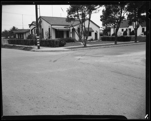 Skid marks at intersection of Hubbard Street and Hoefner Avenue, East Los Angeles, CA, 1940