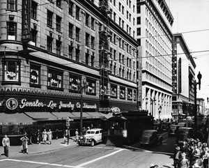 On the corner of West Fifth Street and Broadway in Downtown Los Angeles in front of the Gensler-Lee Jewelry Company