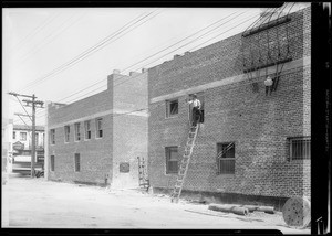 Damage to telephone cables, building at West Pico Boulevard and South Robertson Boulevard, Los Angeles, CA, 1932