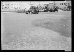 Skid-marks and Auburn coach at Wilshire Boulevard and South Cochran Avenue, Los Angeles, CA, 1932