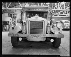 Damage to Greyhound bus, Pacific Greyhound Garage, 713 Decatur Street, Los Angeles, CA, 1940