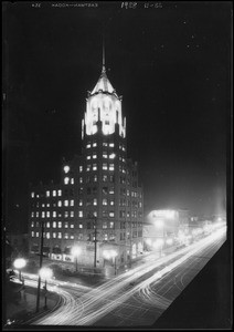 Los Angeles First National Bank, new Hollywood branch building at night with lights lit, Los Angeles, CA, 1928