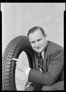 Mr. Price and new all speed tire, Southern California, 1931