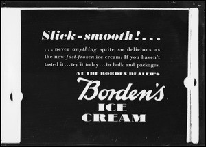 Slick-smooth advertisement, Borden's Ice Cream, Southern California, 1932