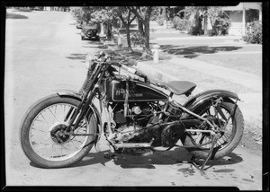 Wrecked motorcycle, owner Walter Keithler, assured Rapid Blue Print Company, Southern California, 1934