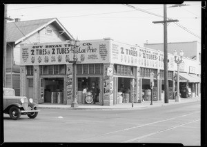 Exterior of tire store at Venice Boulevard and South Vermont Avenue, Los Angeles, CA, 1933