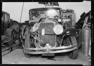 Wrecked Ford and Studebaker, Southern California, 1931