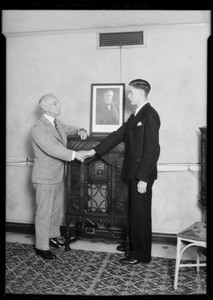 Fitzgerald congratulates Robbinson on winning Edison radio, Southern California, 1929