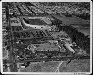 An aerial view of Farmers Market and Gilmore Stadium, looking north