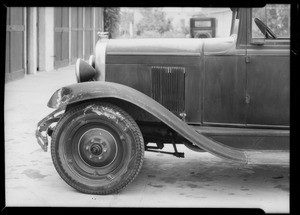 Chevrolet damaged by motorcycle, Harold Forsnas, asssured, Southern California, 1934